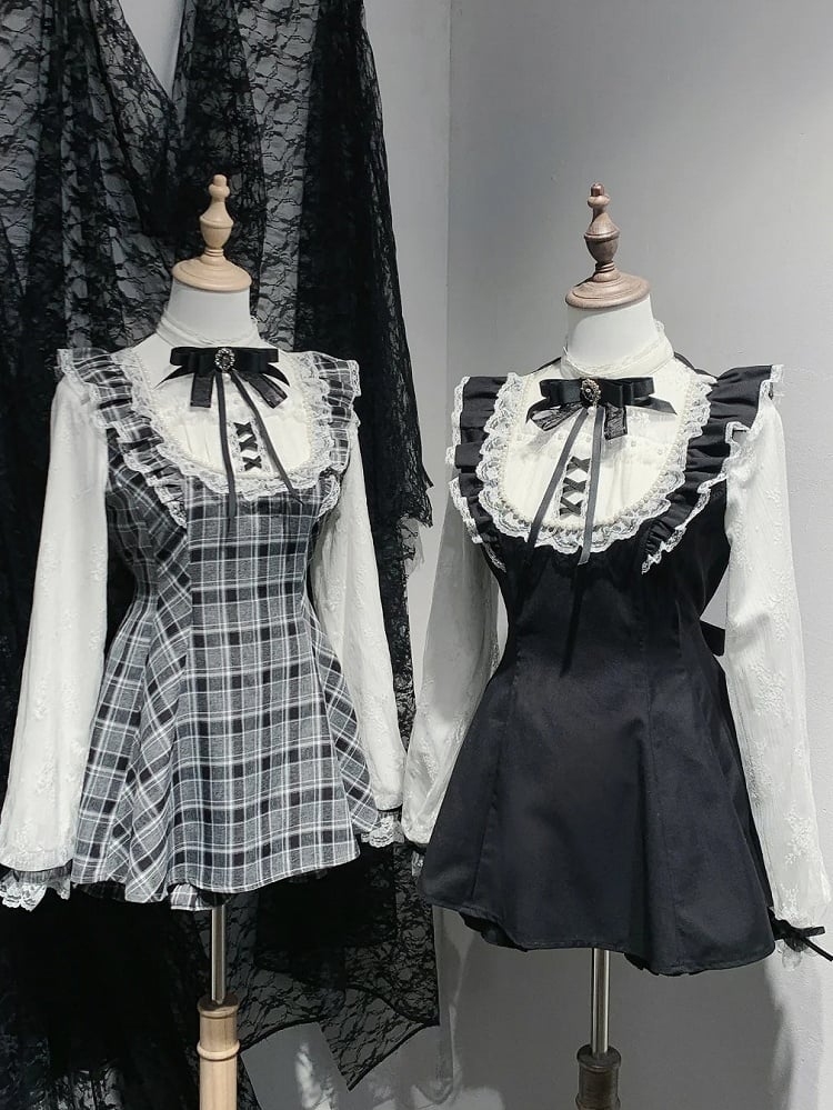 Plaid White/Gray Black Shorts Sleeves Set: with Long Illusion Neckline Top in Jirai Kei