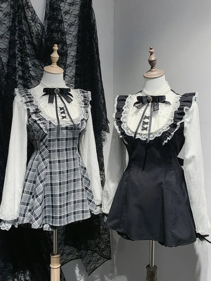 Plaid White/Gray Black Shorts Sleeves Set: with Long Illusion Neckline Top in Jirai Kei