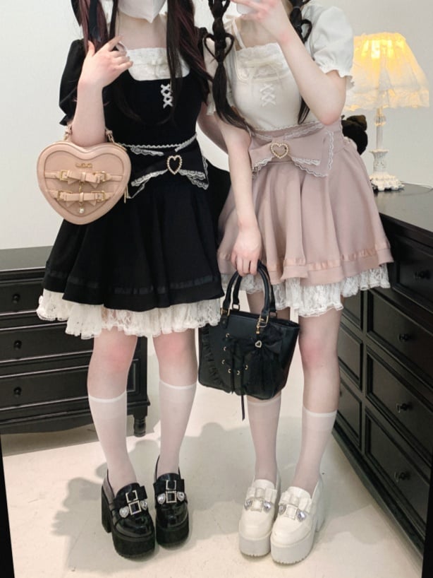 Back Jirai Kei Lace Trim Beaded Heart Decorated Big Bow Lace-up