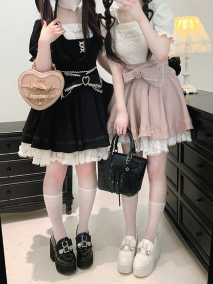 Puff Sleeves Blouse Details Pink/White/Black Lace Trim Jirai Kei Bowknot