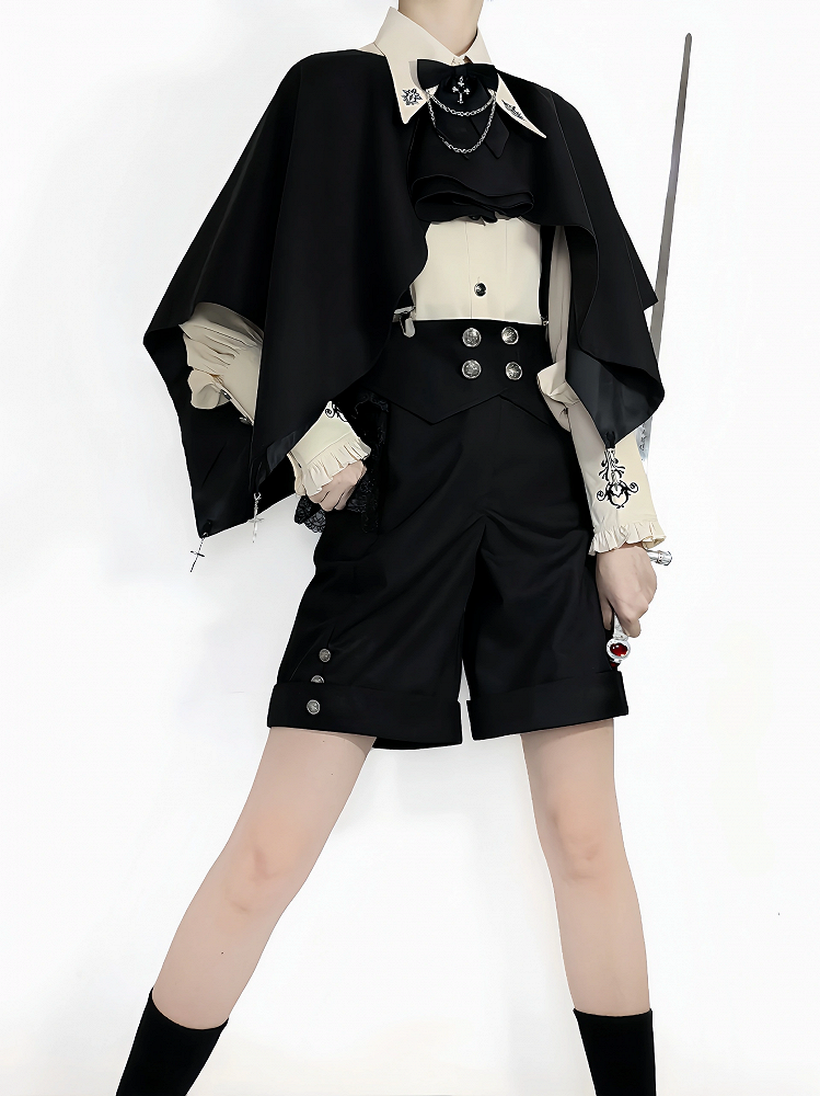 Shorts Shoulder Black Foldover Fashion Waist Straps with Ouji