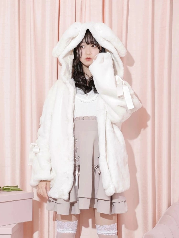 Sweet Jirai Kei Plush Bunny Ear Hooded Coat for Fall/Winter with Lace-Up Sleeves in Dusty Pink/White/Black