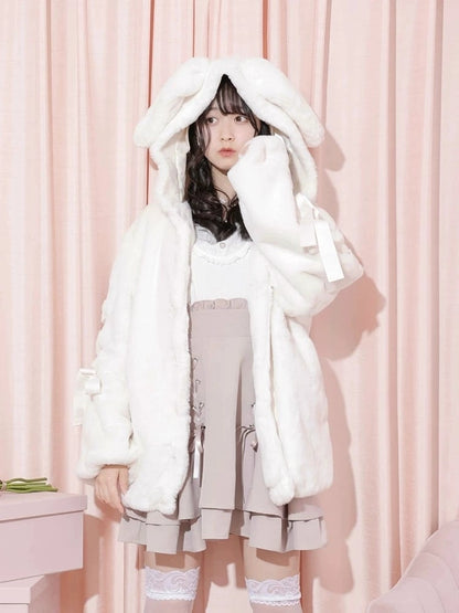 Sweet Jirai Kei Plush Bunny Ear Hooded Coat for Fall/Winter with Lace-Up Sleeves in Dusty Pink/White/Black