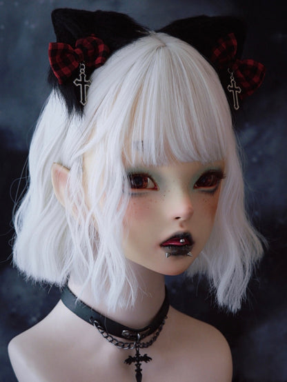 Plaid Black Ear Cat Red With Clip Bowknot Pattern