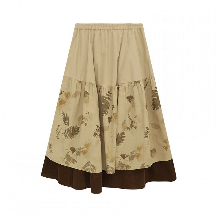 Kawaii Print Beige Leaf Skirt Coffee with