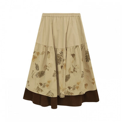 Kawaii Print Beige Leaf Skirt Coffee with