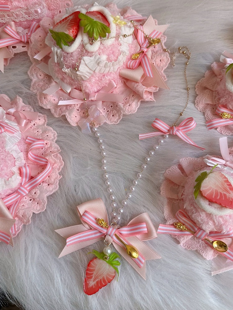 Pink Strawberry Bow Bead Sweet Pendant Necklace Lolita with