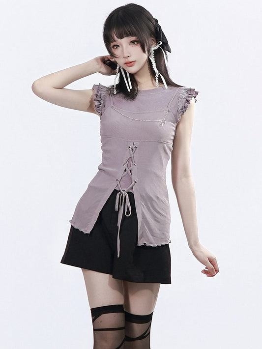 Dusty Purple Two-Piece Set: Flutter Sleeve Top and Split Cami - PINK SAVIOR
