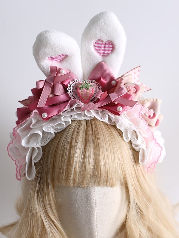 Bunny White Ears and Strawberry Lace KC With Lolita Dreamy Heart Bow Cute Pink
