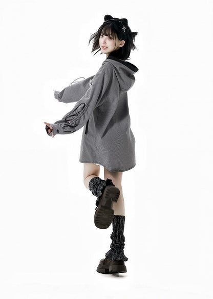 White Plaid Panda Embroidery Drawstring and Black Cuffs Hooded Top