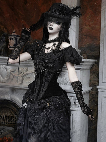 Patch Black Boning Corset Bassire-Inspired Goth Velvet with Lace