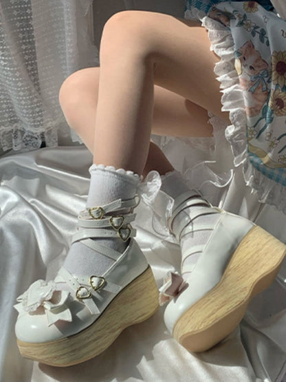 Detachable White Bow 6.5cm Heart Janes Wood Design Mary Sole with Platform Crisscross Grain -