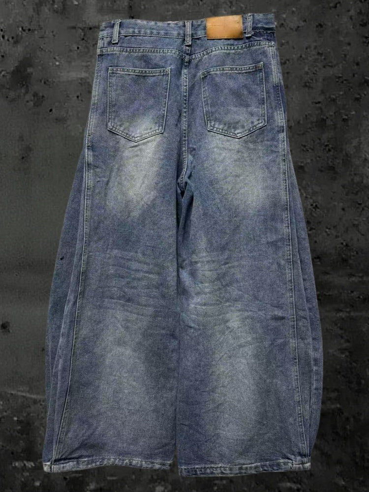Splatter with Punk and Faded Appliques Blue Random Wide-Leg Jeans Wash Embroidered