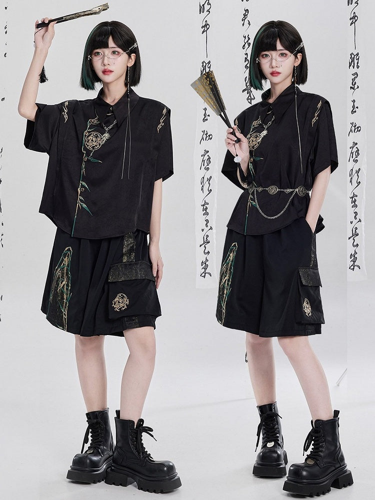 Chinese Embroidery Patchwork Black Short Pants - Qing Tang Original