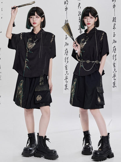Chinese Embroidery Patchwork Black Short Pants - Qing Tang Original