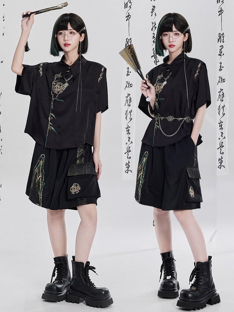 Chinese Embroidery Patchwork Black Shorts - Qing Tang Original