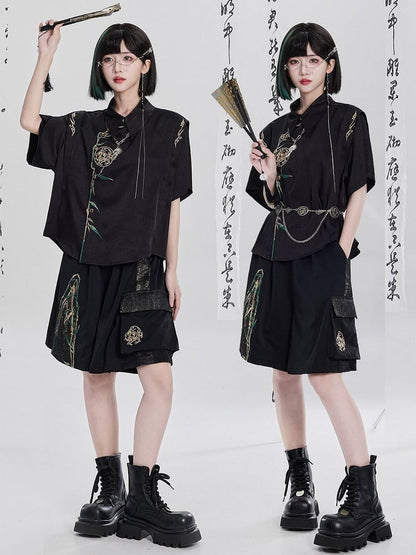 Chinese Embroidery Patchwork Black Shorts - Qing Tang Original