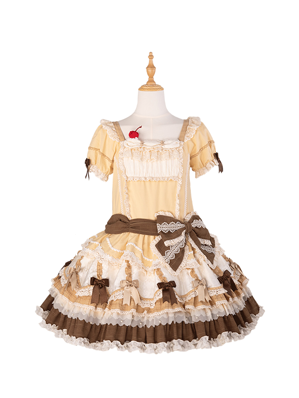 Details Yellow Waist Dropped Layered Hem Bowknot Lolita Dress Sweet