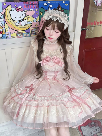 Süßes Lolita-Kleid mit Schleife, flatterndes rosa Mieder mit Schnürung, hoch taillierte Ärmel mit großem, abnehmbarem Pulloverrock