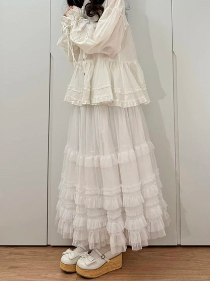 Jupe blanche Lolita ample à volants et ourlet en tulle multi-couches