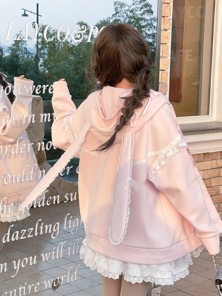 Yume Kawaii Pink Bunny Ear Hood and Bunny Print Zip Closure Hoodie