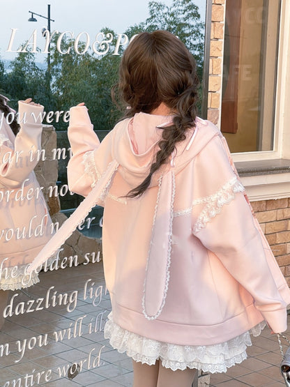 Yume Kawaii Pink Bunny Ear Hood and Bunny Print Zip Closure Hoodie