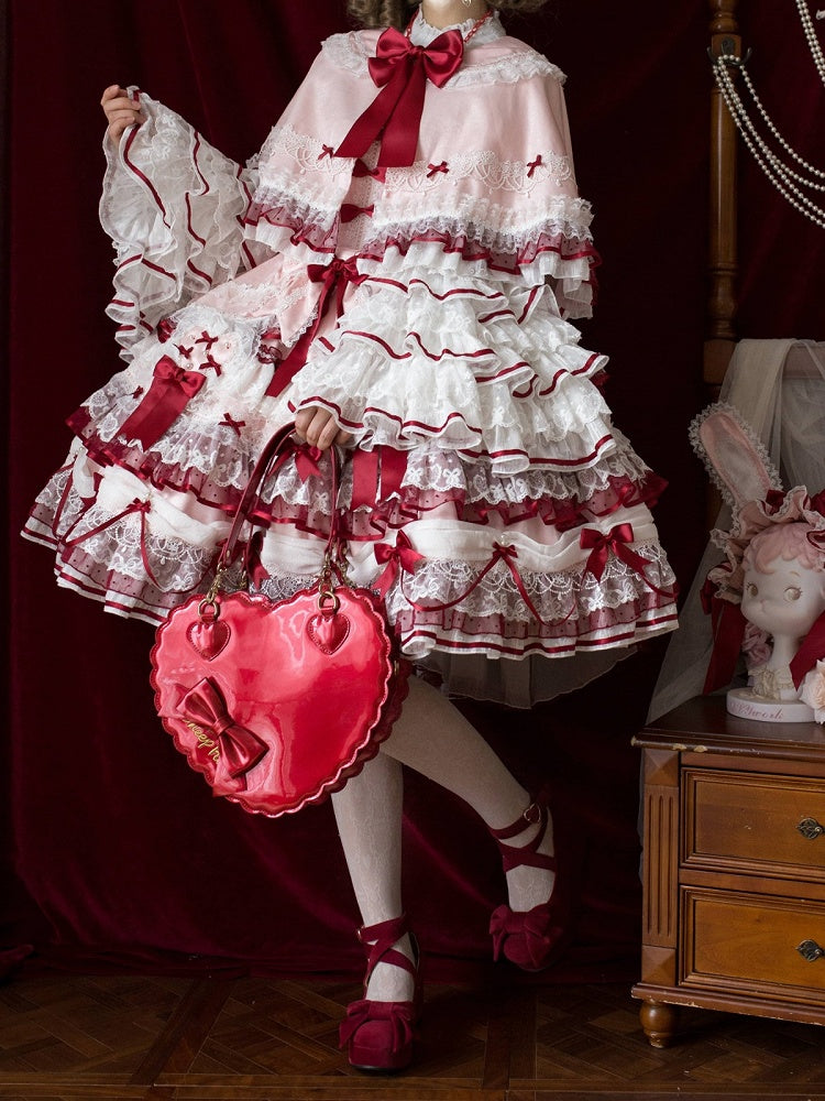 Pink Shimmering Ruffled Cape with Red Small Bows - Starry Messenger