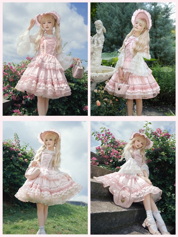 with Strawberry Pink Lolita Delight Ruffles Bonnet Lace