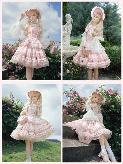 with Strawberry Pink Lolita Delight Ruffles Bonnet Lace
