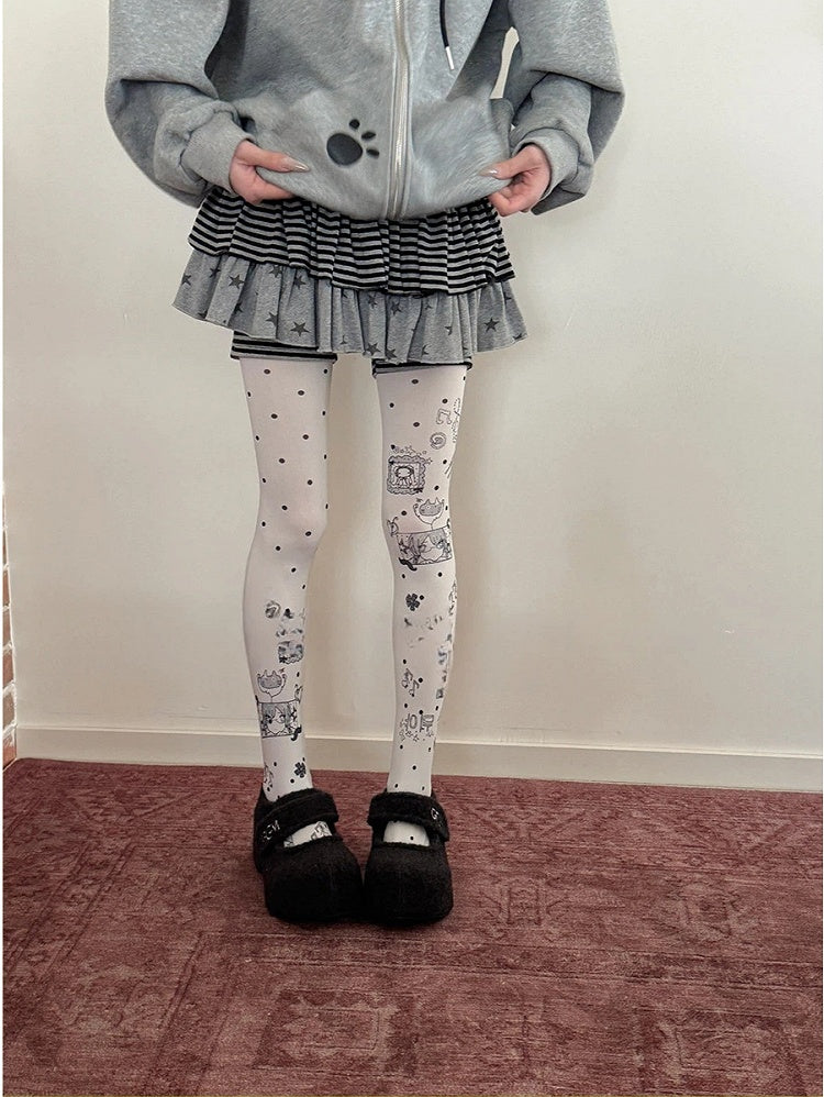 Tights Cute Polka Dot Cat Pattern Opaque
