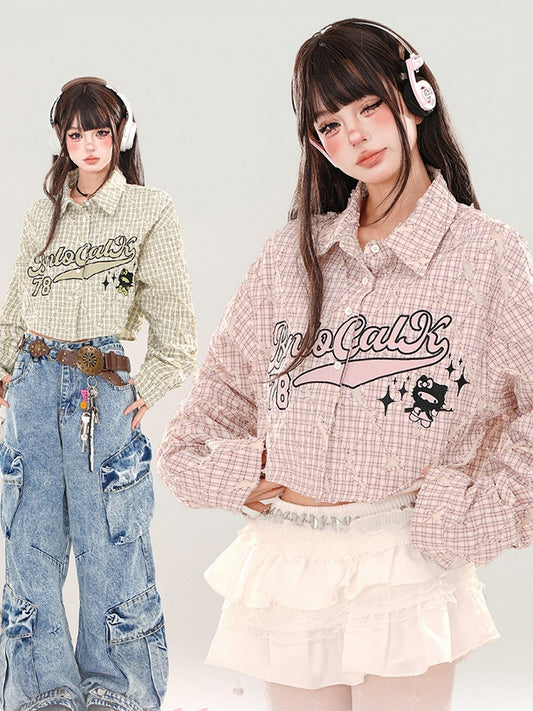 Green/Pink Letters Plaid Cropped Shirt