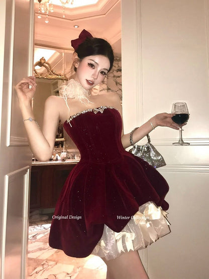 Shimmer Strapless High-low with Velvet Rhinestone Red Detail Mini Dress
