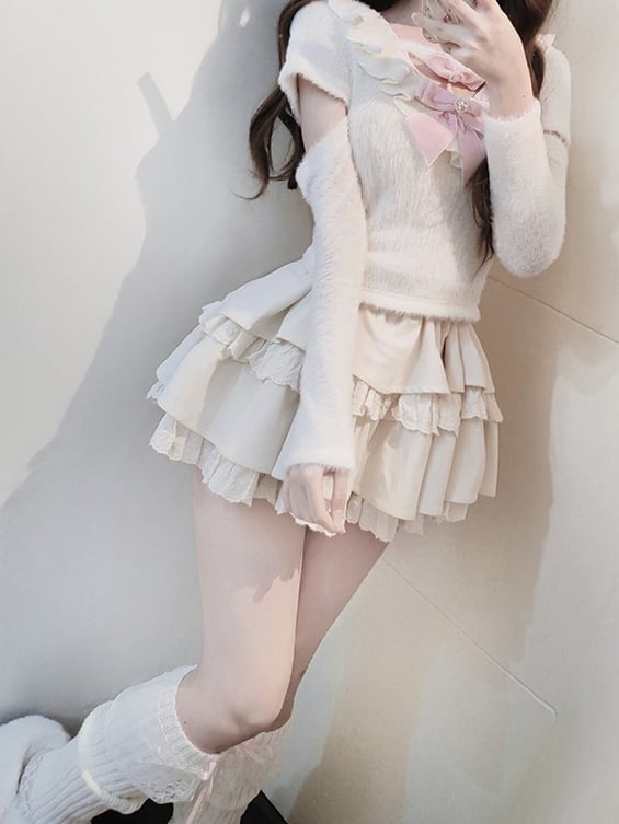 Weißer Pullover mit Rüschenausschnitt, Cut-Out-Ärmeln, Stufenrock und rosa Schleifen-Set