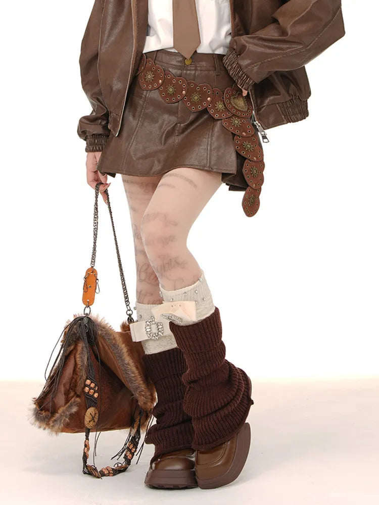 プリーツスカート PU ブラウン/ピンク