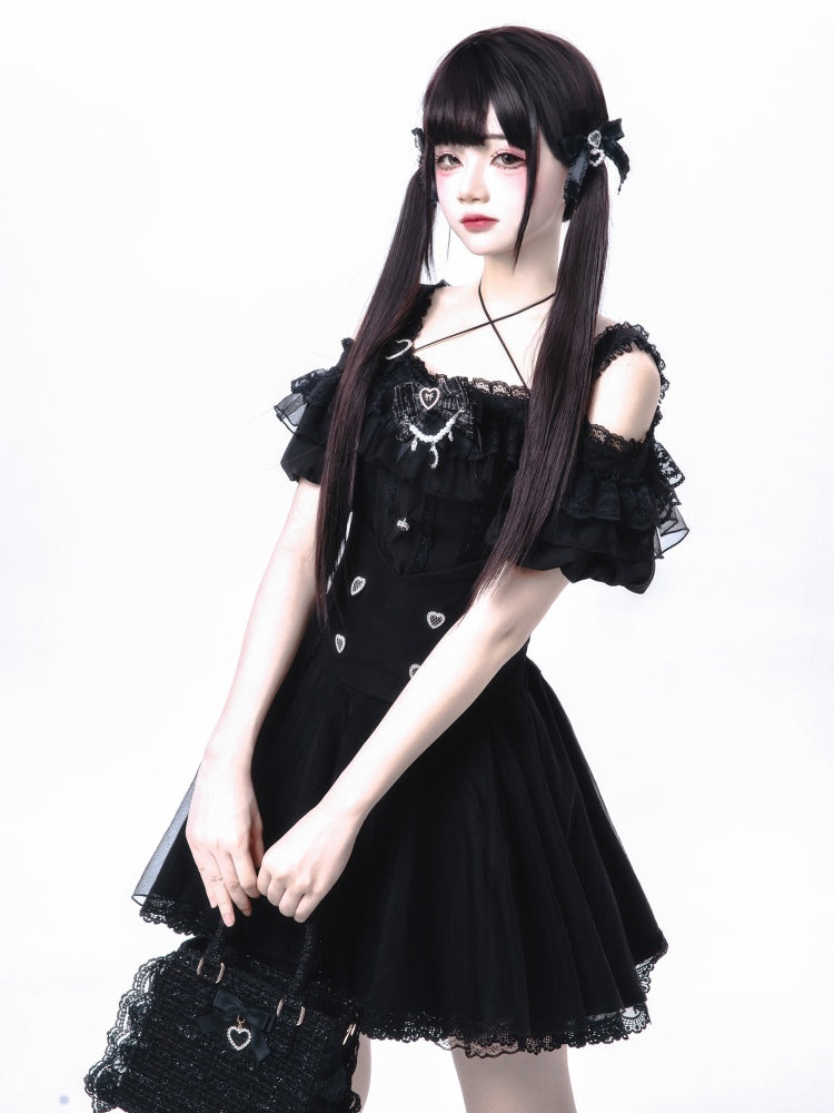 Fliege mit Perlenkette Jirai Kei Schwarz kariert