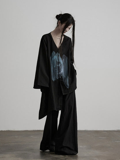 Asymmetric V-Neck Long Sleeve Top with Figure Print - INDULGE