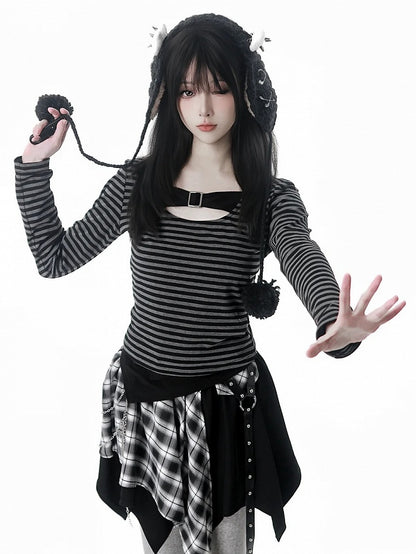 Design Pattern Button Long Slim-fitting with Striped - Black Sleeve Y2K Grey Top Metal