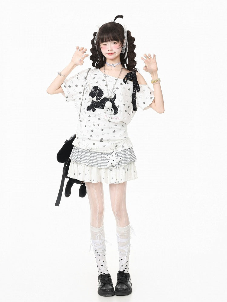White Asymmetric Tee with Star Motif & Puppy Emblem - Languid Park