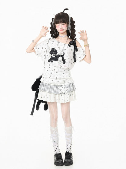 White Asymmetric Tee with Star Motif & Puppy Emblem - Languid Park