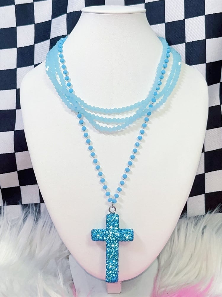 Necklace Layered Punk Pink/Blue Y2K Cross Rhinestone