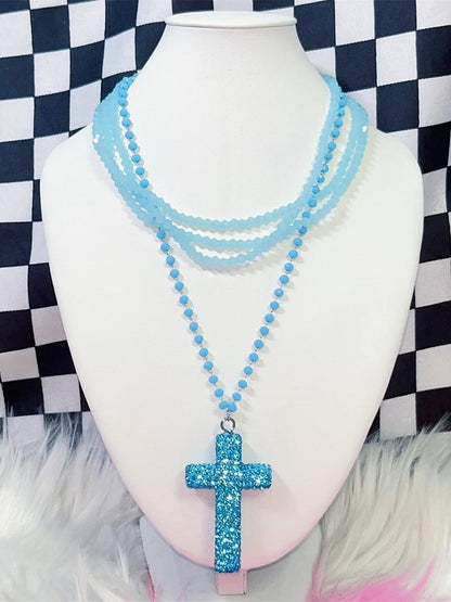 Necklace Layered Punk Pink/Blue Y2K Cross Rhinestone
