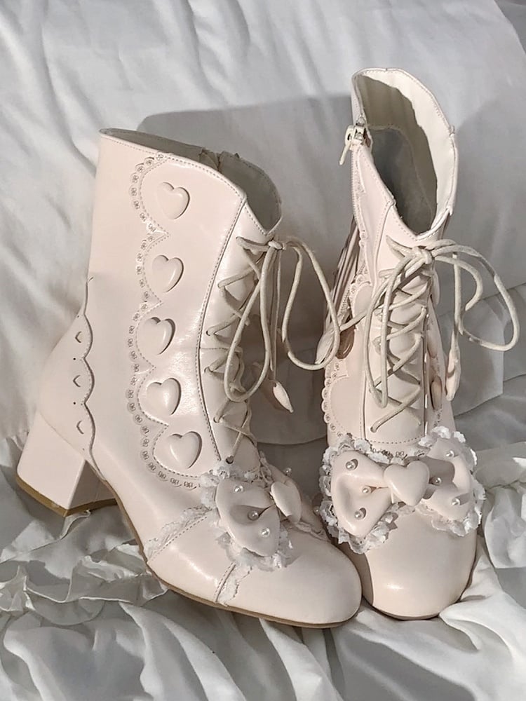 Heart Fastening Bow - Dual with PU Lolita Mid-Heel Boots Beaded Details Apricot Elegant