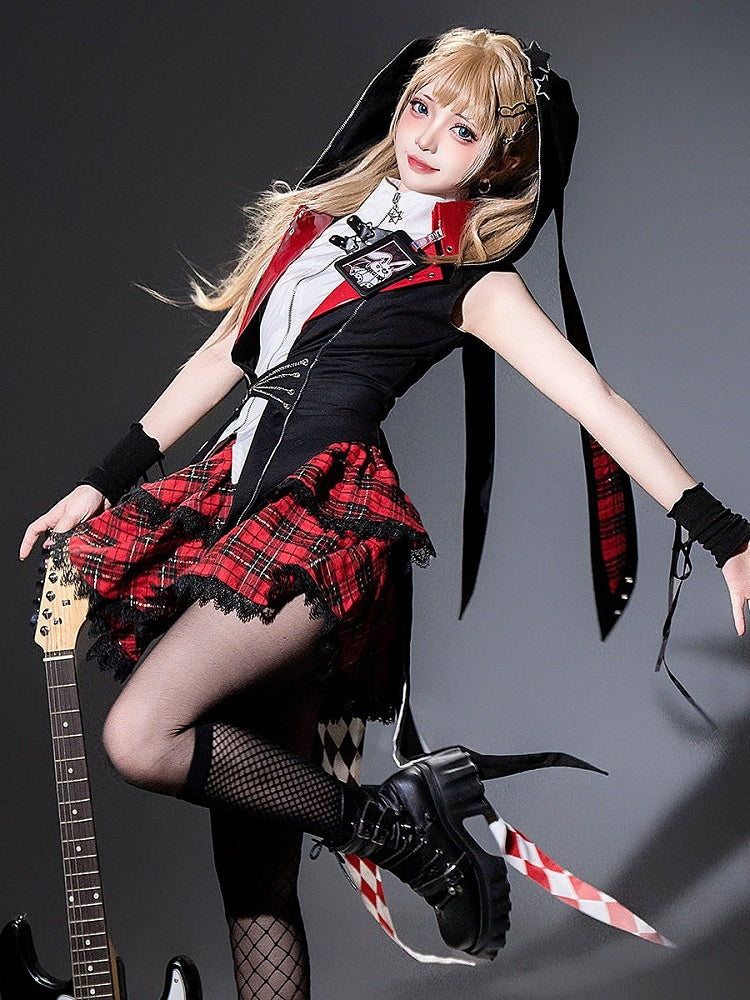 Punk Rock Bunny Theme Hooded Lolita Coat in Black and Red with Chain Accents - Xiong Dou Jiang