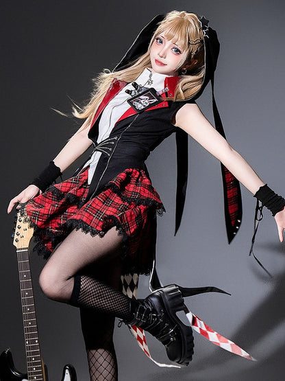 Punk Rock Bunny Theme Hooded Lolita Coat in Black and Red with Chain Accents - Xiong Dou Jiang