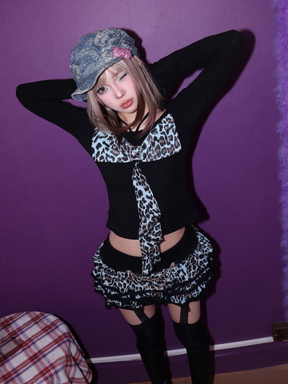 Mint Hime Green/Purple Leopard Print Tiered Skirt with Ruffle Trim and Chain Accent Gyaru