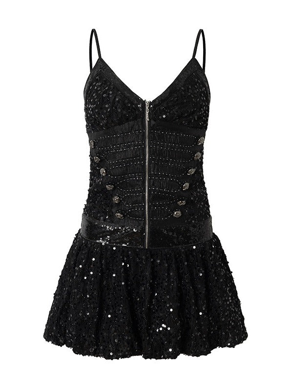Black Double-Breasted Cami Dress with Sequin Details - NO ROMANCE