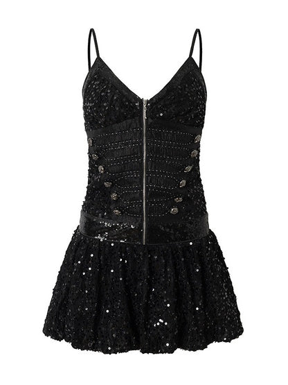 Black Double-Breasted Cami Dress with Sequin Details - NO ROMANCE