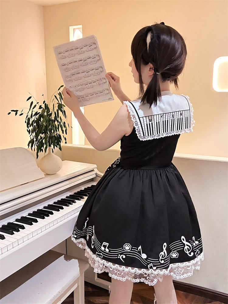 Design Ärmelloses Melodic Kitty Schwarzes Matrosenkragen-Keyboardkleid Zurück
