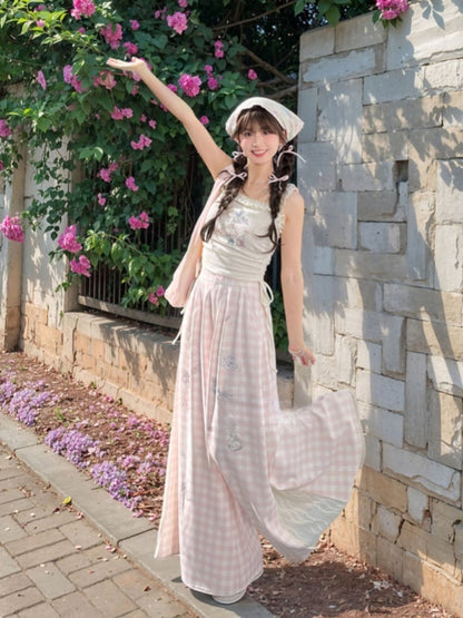 White Ruffled Waist Tank Top Square Neckline Butterfly Print Drawstring