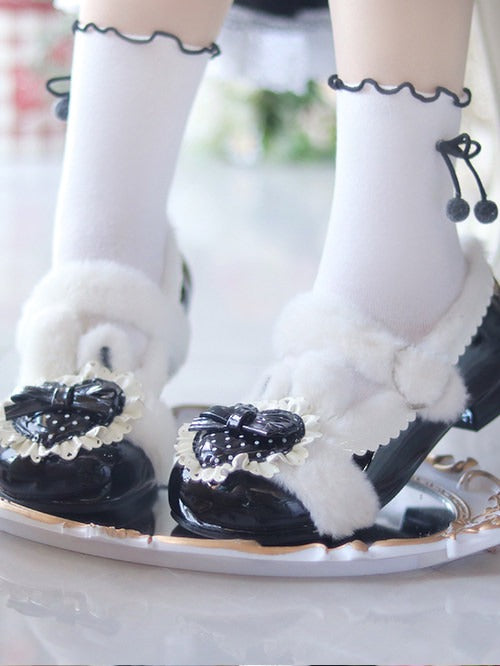 Plush Polka Dot Heart Rabbit Ear Winter Lolita Footwear - Cute Bunny
